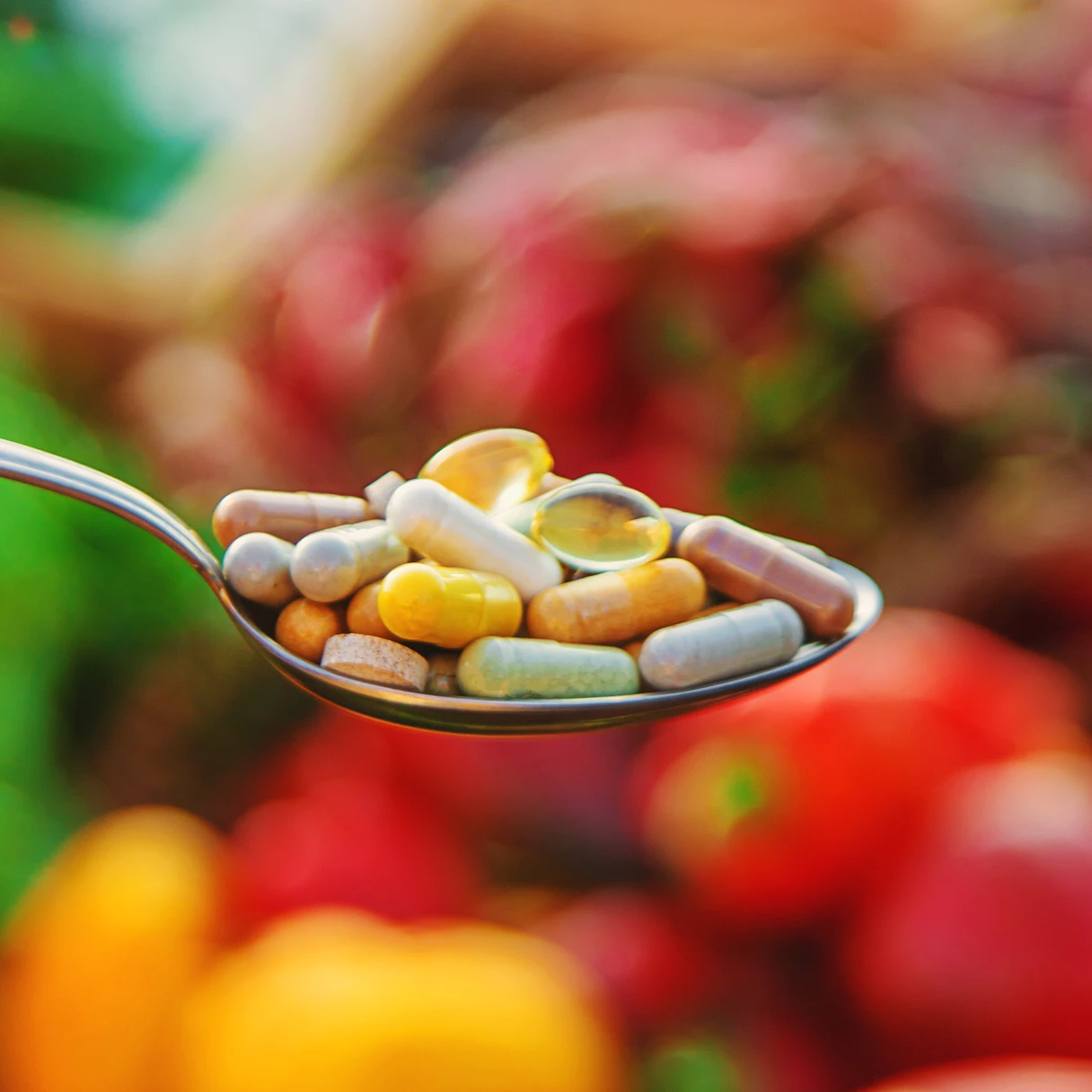 Cuchara con cápsulas de suplementos sobre frutas y verduras frescas